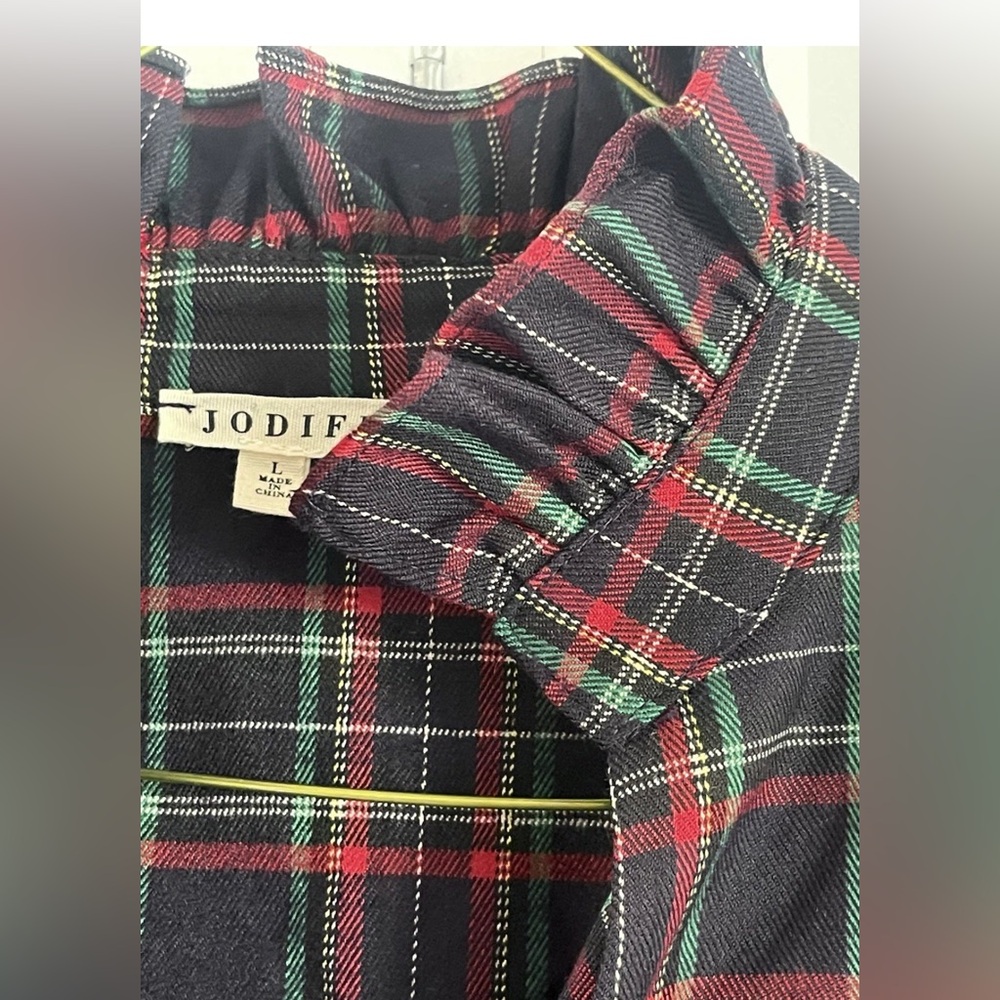 Highland Tartan Plaid Ruffle High Collar Dress Sz Large POCKETS Puff Sleeves - Picture 5 of 5